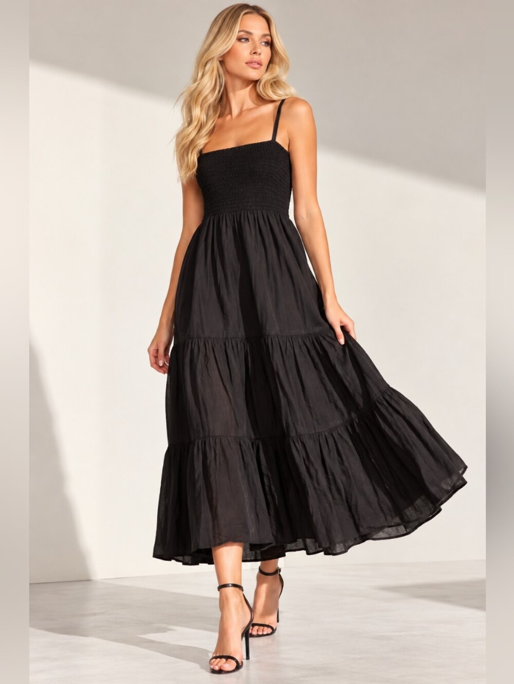 J.Crew Black Smocked Midi Dress XXS Cotton Tiered Spaghetti Strap